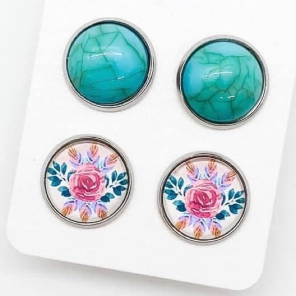 Turquoise and Rose Stud Earrings